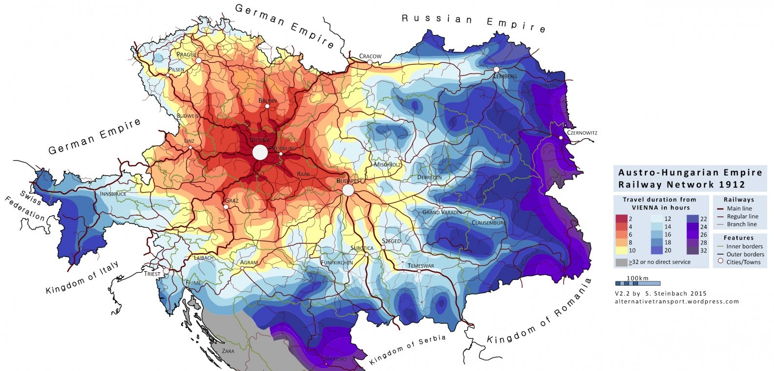 Час шляху до Відня з різних куточків імперії залізницею в 1912 році
